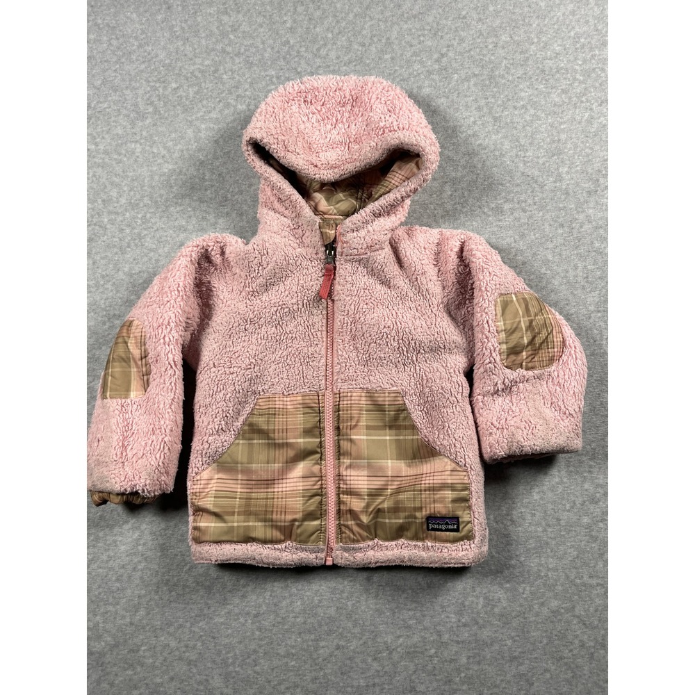 Patagonia Reversible Tribbles Sherpa Jacket Kids 2T Pink Plaid Hooded Full Zip